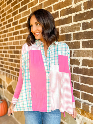 Pretty In Pink Colorblock Button Top