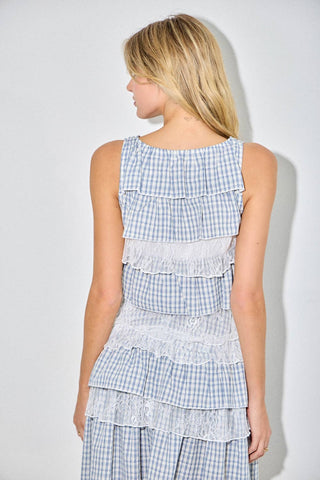 Gingham Plaid Tiered Lace Trim Cami - West Avenue