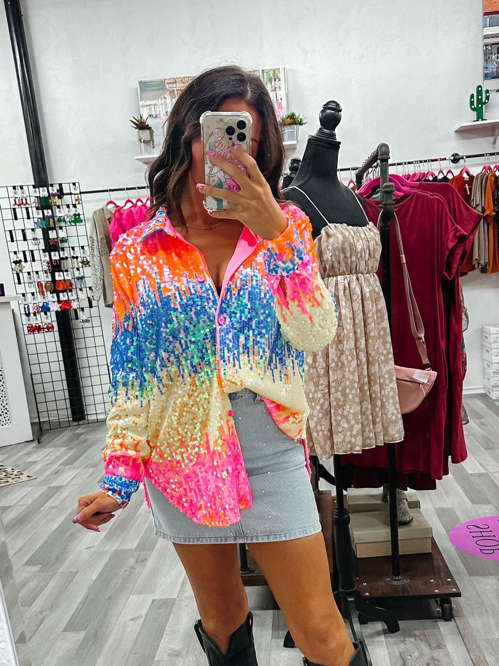 Neon Lights Sequin Button Up