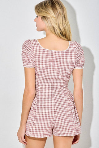 Gingham Plaid Puff Sleeve Button-Front Romper - West Avenue