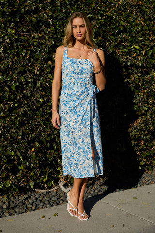Floral Square Neck Sleeveless Faux Wrap Midi Dress
