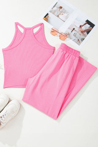 Sachet Pink Ribbed Racerback Tank & Wide-Leg Sweatpants Set - West Avenue