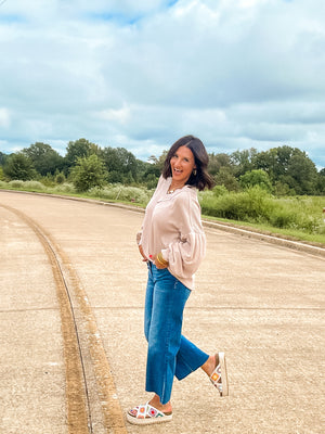 Ribbed V-Neck Top - Oatmeal