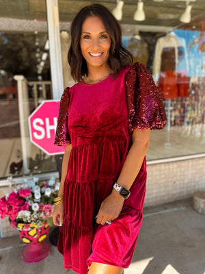 Under The Christmas Tree Velvet Dress - Burgundy