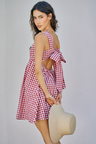 Gingham Checker Woven Square Neck Lace Trim Dress