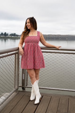 Gingham Checker Woven Square Neck Lace Trim Dress