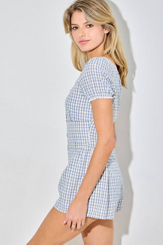 Gingham Plaid Puff Sleeve Button-Front Romper - West Avenue