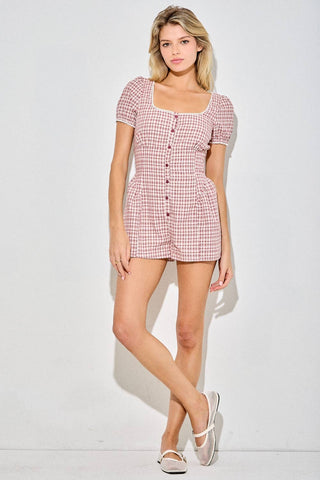 Gingham Plaid Puff Sleeve Button-Front Romper - West Avenue