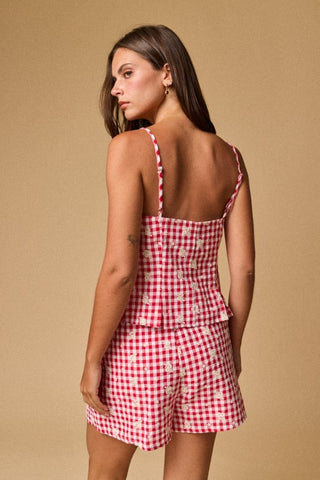 Gingham Tie Front Top And Shorts Set in Red