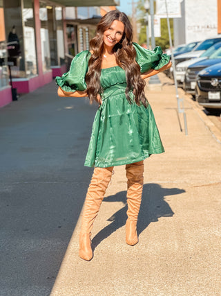 Santa Baby Puff Sleeve Christmas Dress - Hunter Green - West Avenue