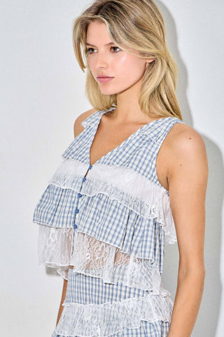 Gingham Plaid Tiered Lace Trim Cami - West Avenue