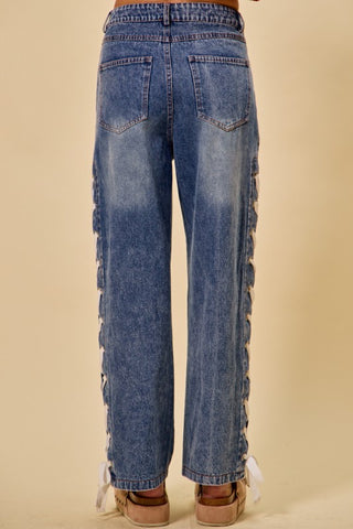Mid-Rise Side Lace-Up Straight Leg Jeans