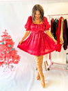 Santa Baby Puff Sleeve Christmas Dress - Burgundy