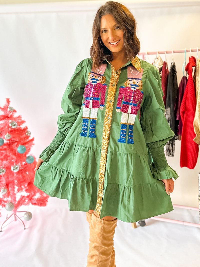 Green Sequin Poplin Sleeve Nutcracker Dress