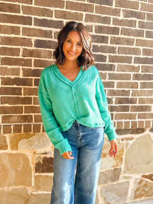 Seafoam V Neck Knit Top