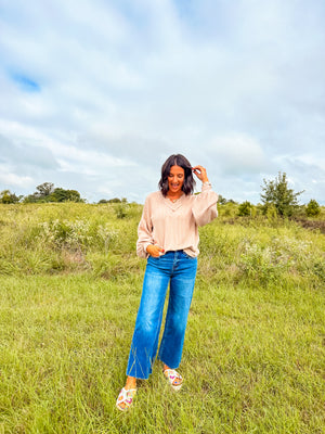 Ribbed V-Neck Top - Oatmeal