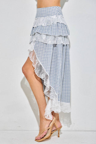 Gingham Plaid Tiered Lace Maxi Skirt - West Avenue