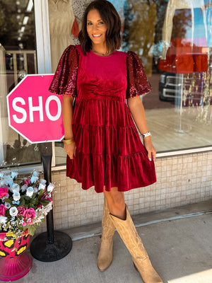 Under The Christmas Tree Velvet Dress - Burgundy