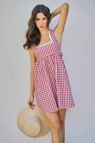 Gingham Checker Woven Square Neck Lace Trim Dress