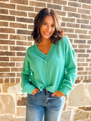 Seafoam V Neck Knit Top