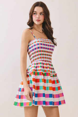 Multi Color Checkered Smocked Bodice Mini Dress - West Avenue