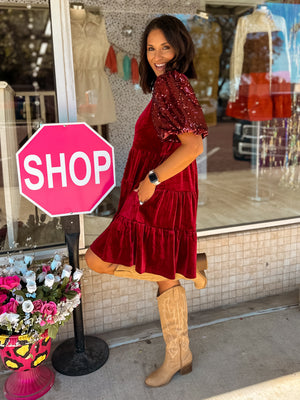 Under The Christmas Tree Velvet Dress - Burgundy