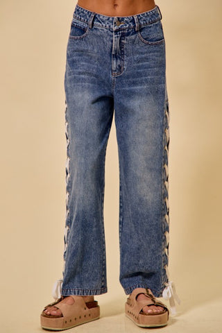 Mid-Rise Side Lace-Up Straight Leg Jeans