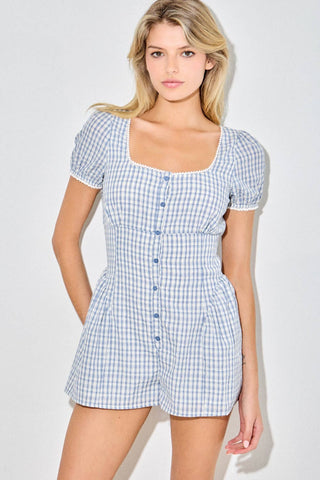 Gingham Plaid Puff Sleeve Button-Front Romper - West Avenue