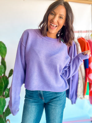 Lavender Cropped Knit Hoodie