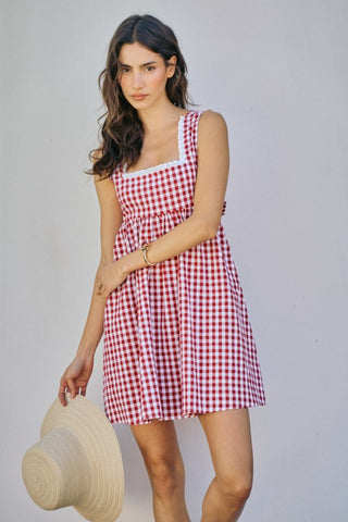 Gingham Checker Woven Square Neck Lace Trim Dress