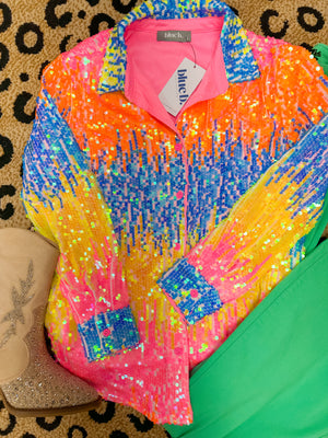 Neon Lights Sequin Button Up