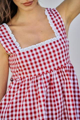 Gingham Checker Woven Square Neck Lace Trim Dress