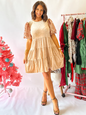 Under The Christmas Tree Velvet Dress - Champagne