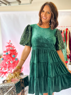 Under The Christmas Tree Velvet Dress - Hunter Green