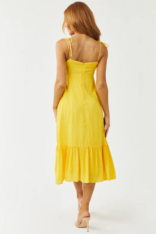 Just The Way You Are Tuscan Yellow Swiss Dot Tie Strap Midi Dress - Small Left - West Avenue