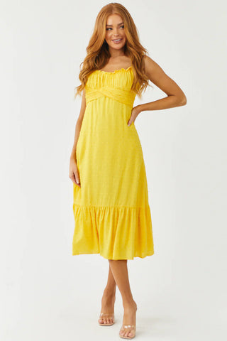 Just The Way You Are Tuscan Yellow Swiss Dot Tie Strap Midi Dress - Small Left - West Avenue