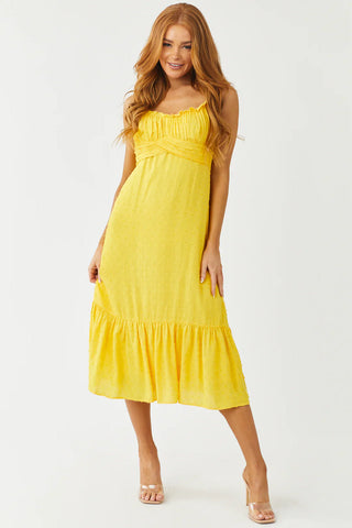 Just The Way You Are Tuscan Yellow Swiss Dot Tie Strap Midi Dress - Small Left - West Avenue
