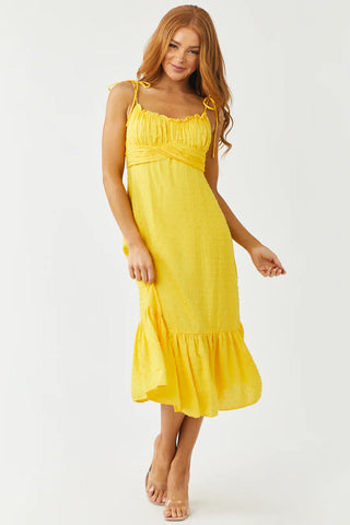 Just The Way You Are Tuscan Yellow Swiss Dot Tie Strap Midi Dress - Small Left - West Avenue