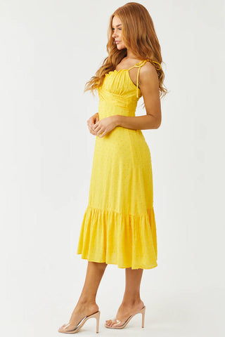 Just The Way You Are Tuscan Yellow Swiss Dot Tie Strap Midi Dress - Small Left - West Avenue