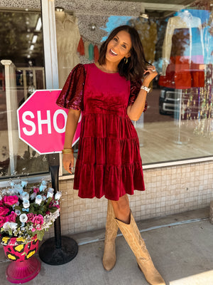 Under The Christmas Tree Velvet Dress - Burgundy