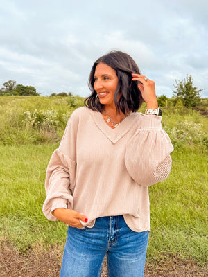 Ribbed V-Neck Top - Oatmeal