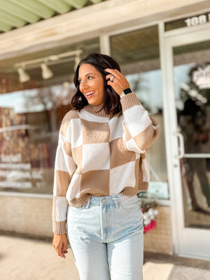 Talk Of Town Checkered Taupe Sweater