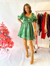 Santa Baby Puff Sleeve Christmas Dress - Hunter Green