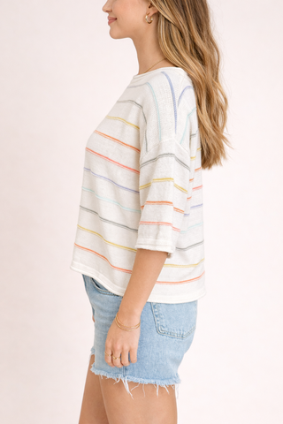 Rainbow Stripe Casual Short Sleeve Sweater - West Avenue