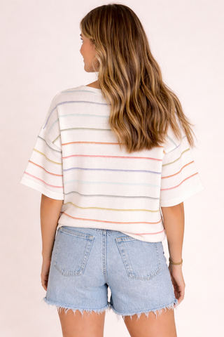 Rainbow Stripe Casual Short Sleeve Sweater - West Avenue
