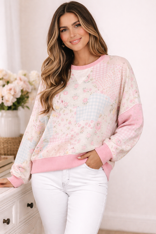 Miss J Floral Patchwork Oversized French Terry Pullover - West Avenue