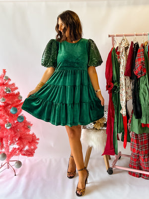 Under The Christmas Tree Velvet Dress - Hunter Green