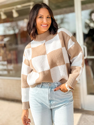 Talk Of Town Checkered Taupe Sweater