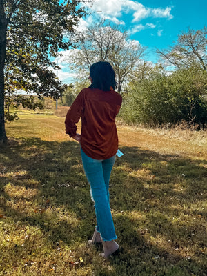 Love Somebody Rust Button Up Top