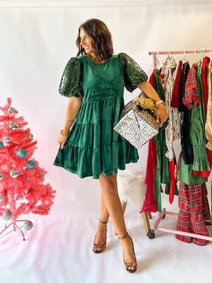 Under The Christmas Tree Velvet Dress - Hunter Green